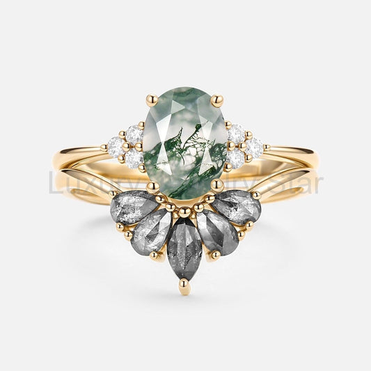 Thalia’s Harmony | Oval Cut Moss Agate & Salt and Pepper Diamond Bridal Set 2pcs