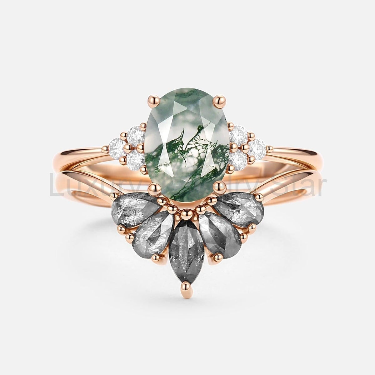 Thalia’s Harmony | Oval Cut Moss Agate & Salt and Pepper Diamond Bridal Set 2pcs - image 3