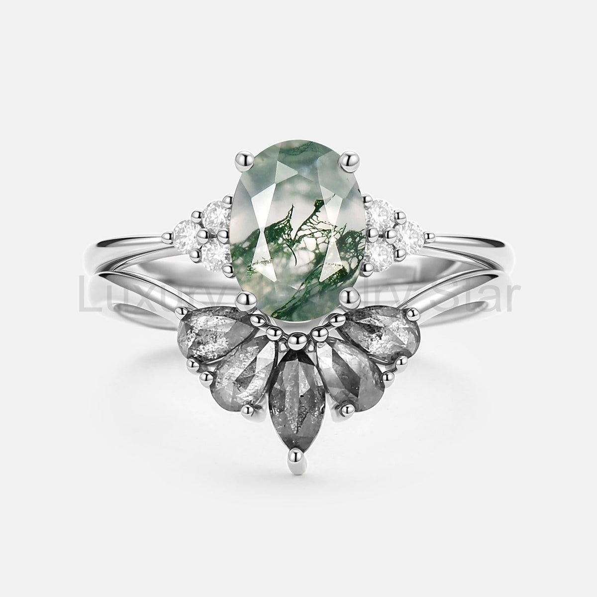 Thalia’s Harmony | Oval Cut Moss Agate & Salt and Pepper Diamond Bridal Set 2pcs - image 4