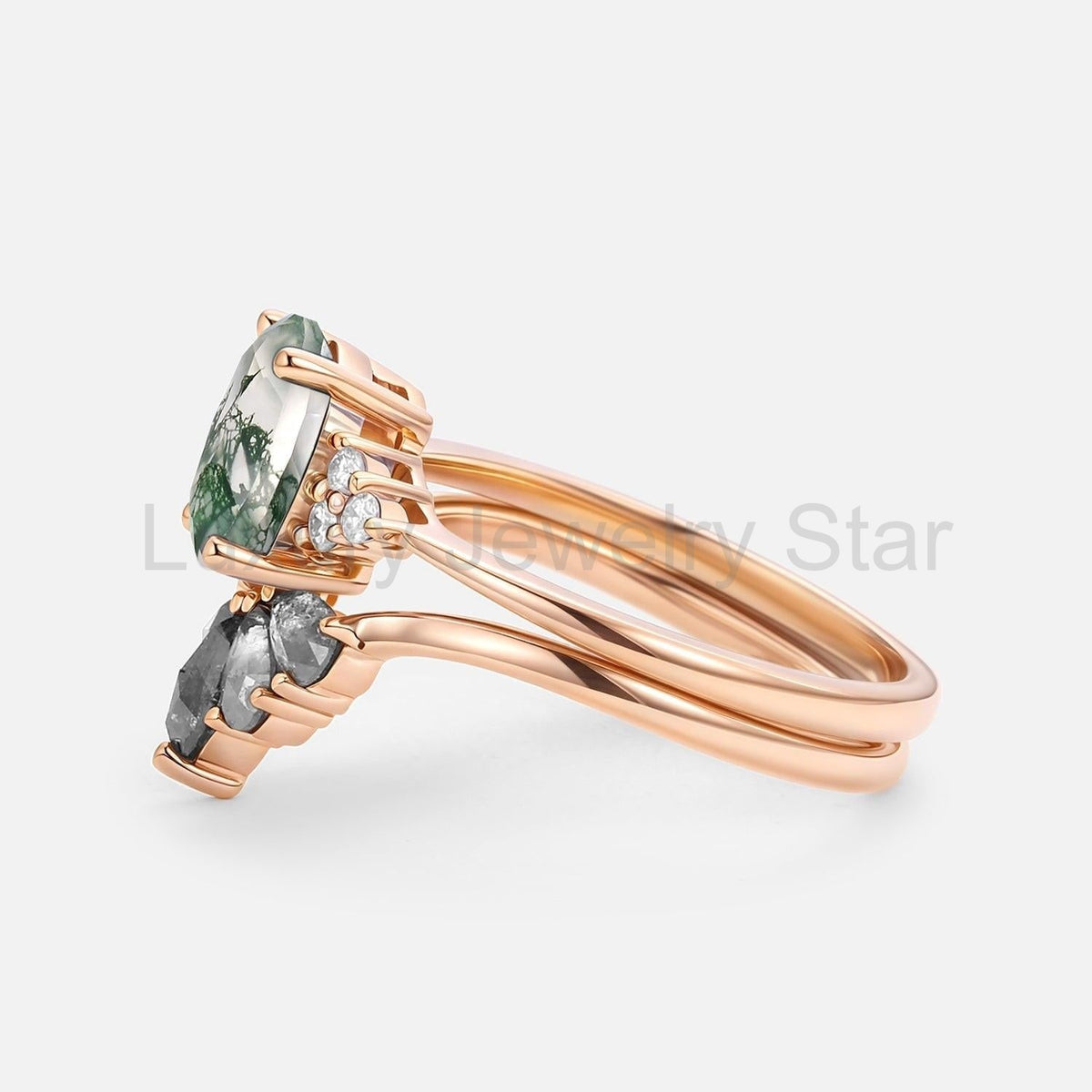 Thalia’s Harmony | Oval Cut Moss Agate & Salt and Pepper Diamond Bridal Set 2pcs - image 5