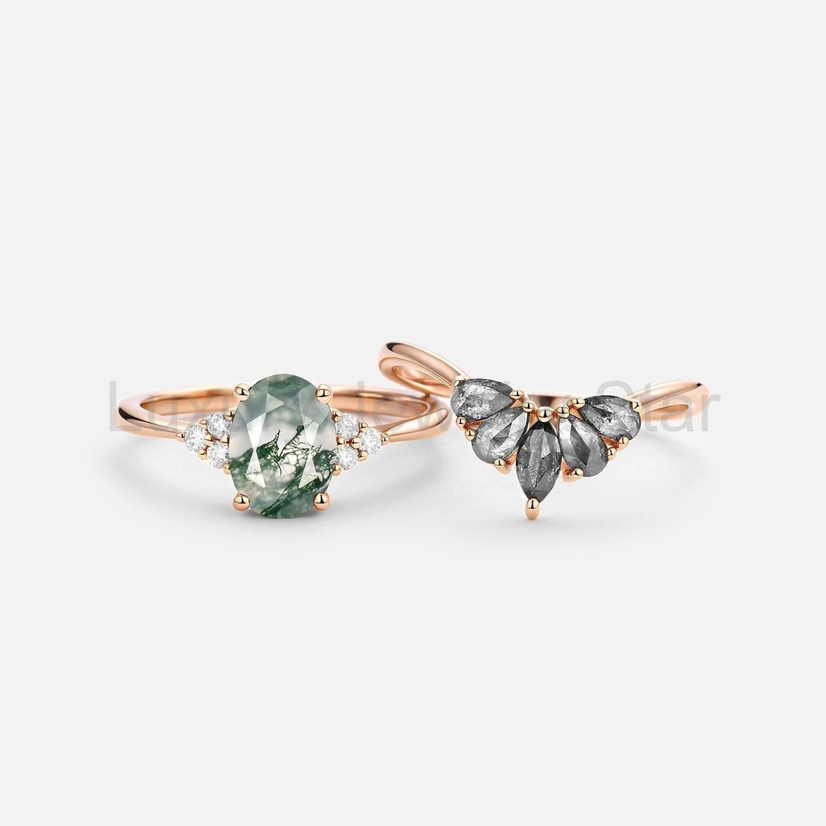 Thalia’s Harmony | Oval Cut Moss Agate & Salt and Pepper Diamond Bridal Set 2pcs - image 6