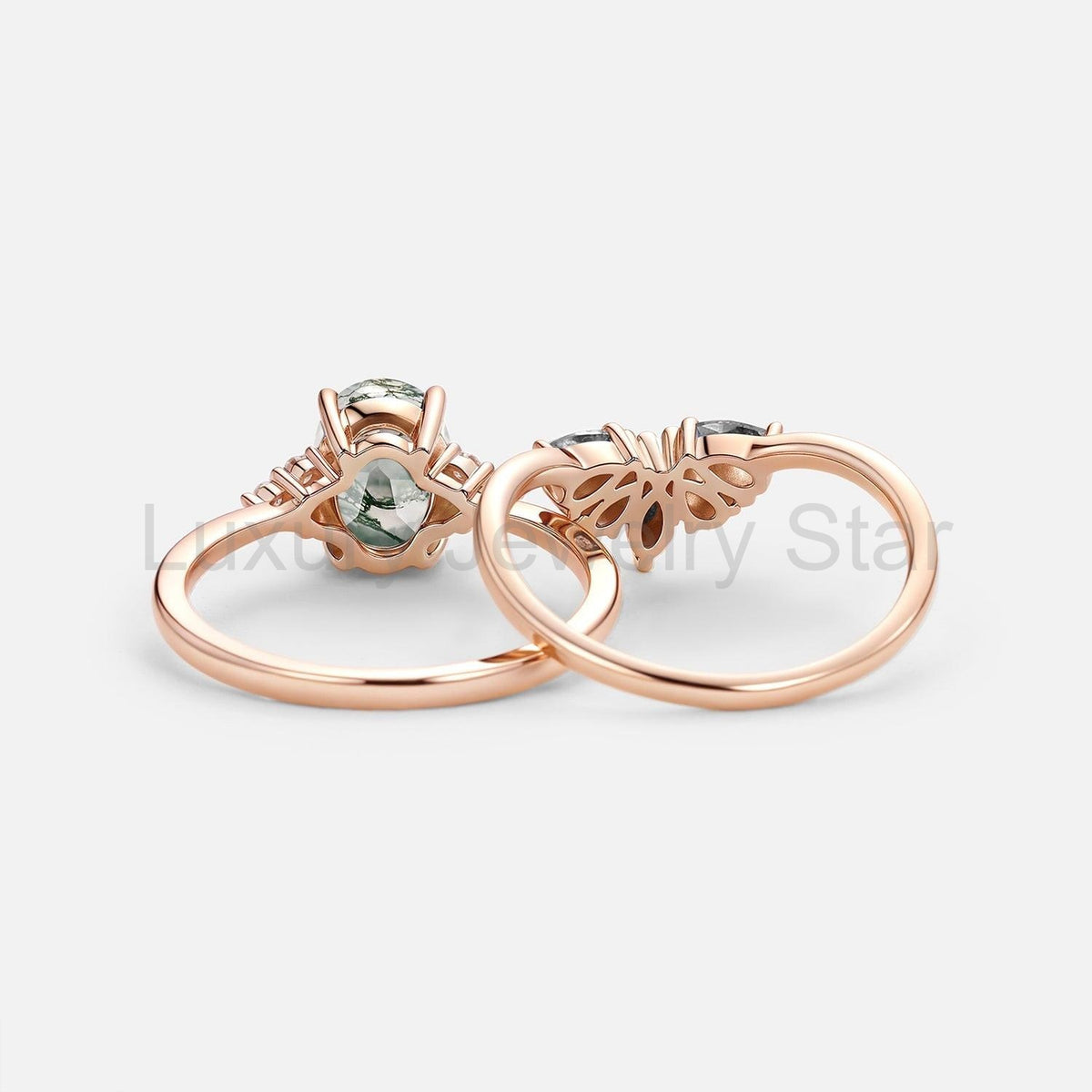 Thalia’s Harmony | Oval Cut Moss Agate & Salt and Pepper Diamond Bridal Set 2pcs - image 7