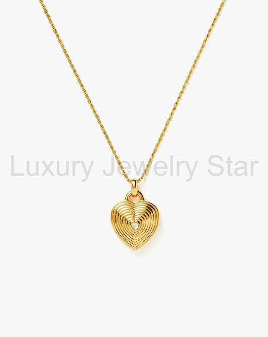 Engravable Heart Ridge Locket Pendant Necklace | 18K Gold Vermeil/Rainbow Moonstone