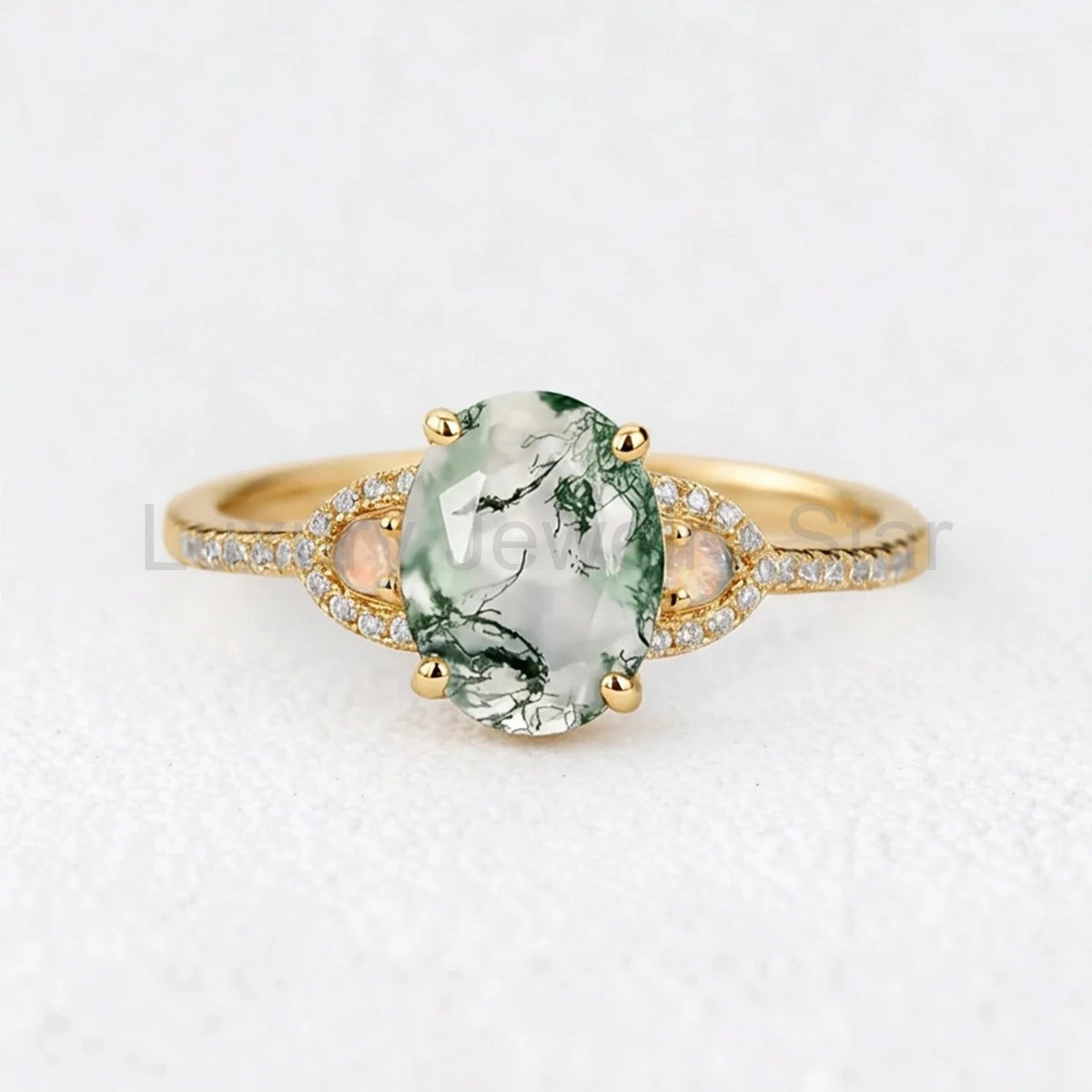 Sylvia’s Verdure | Oval Cut Moss Agate Engagement Ring
