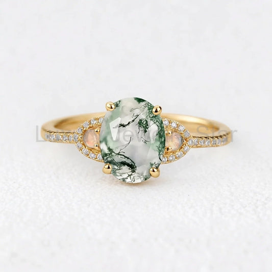 Sylvia’s Verdure | Oval Cut Moss Agate Engagement Ring