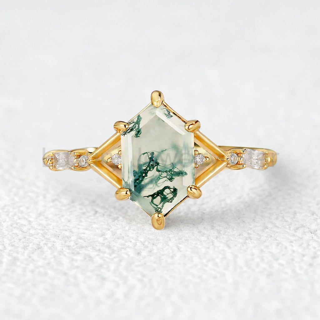 Isadora’s Imprint | Hexagon Cut Moss Agate Engagement Ring