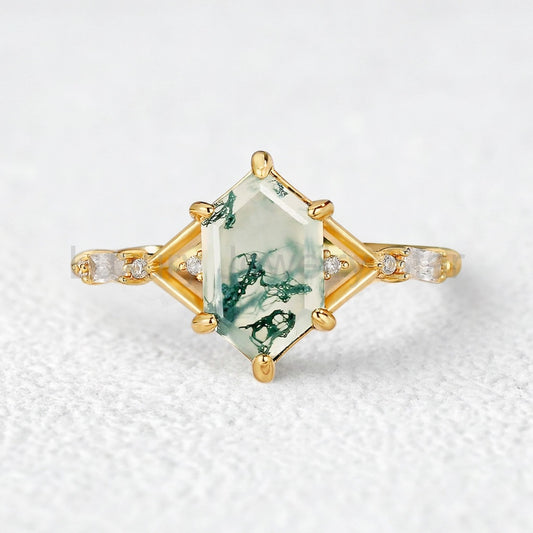 Isadora’s Imprint | Hexagon Cut Moss Agate Engagement Ring