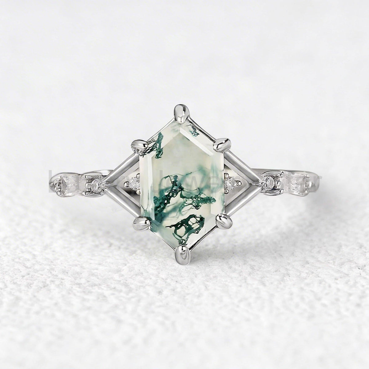 Isadora’s Imprint | Hexagon Cut Moss Agate Engagement Ring - image 5
