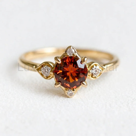 Juliet’s Crimson | Round Cut Garnet Halo Engagement Ring