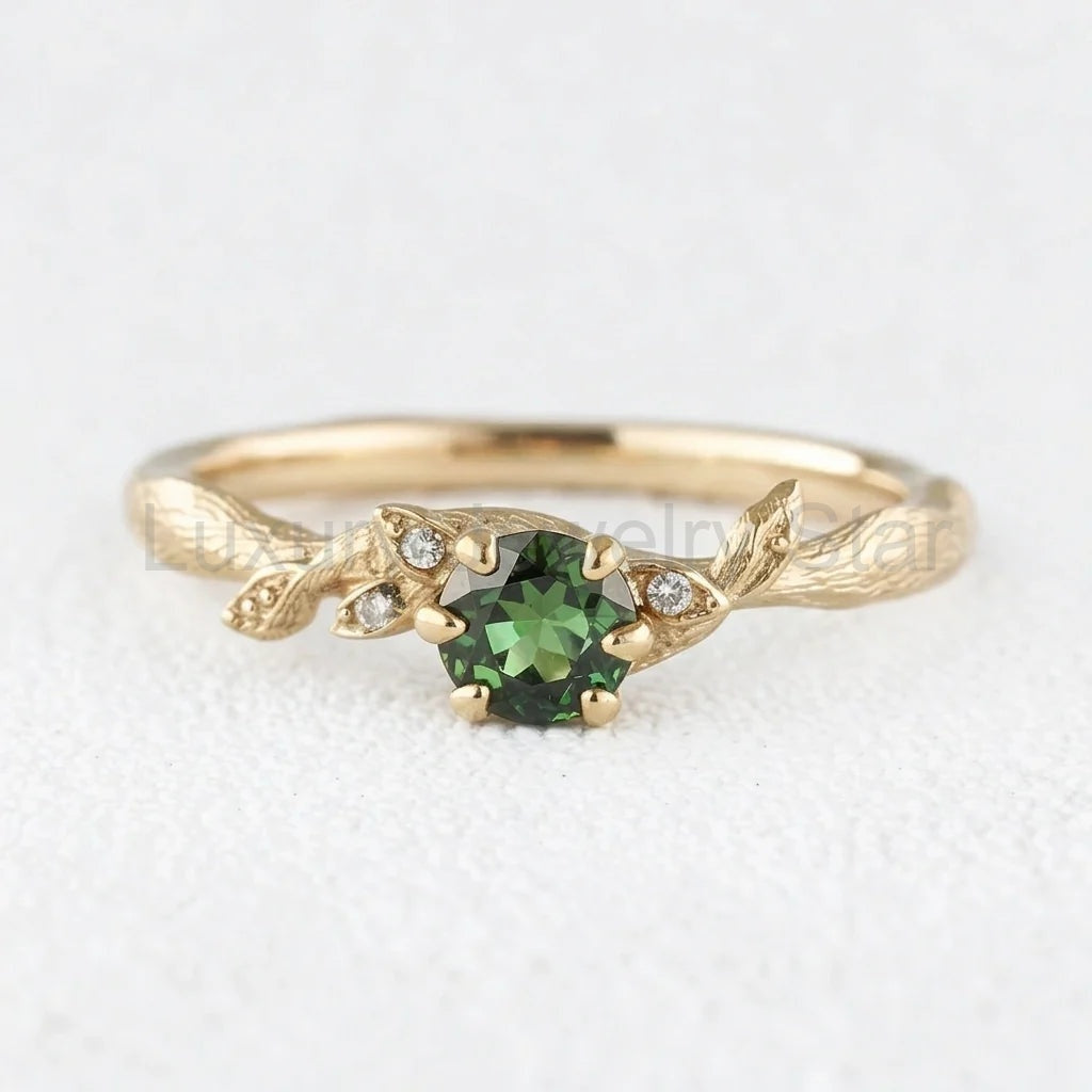 Fairy Glen | Teal Sapphire Engagement Ring with Leaf Band