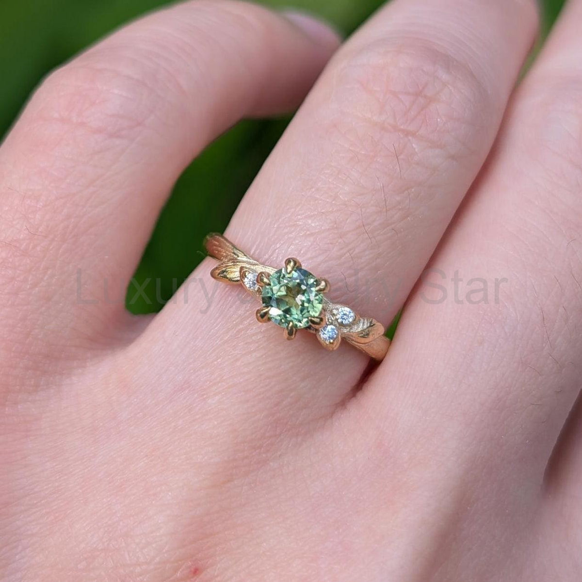 Fairy Glen | Teal Sapphire Engagement Ring with Leaf Band - image 3