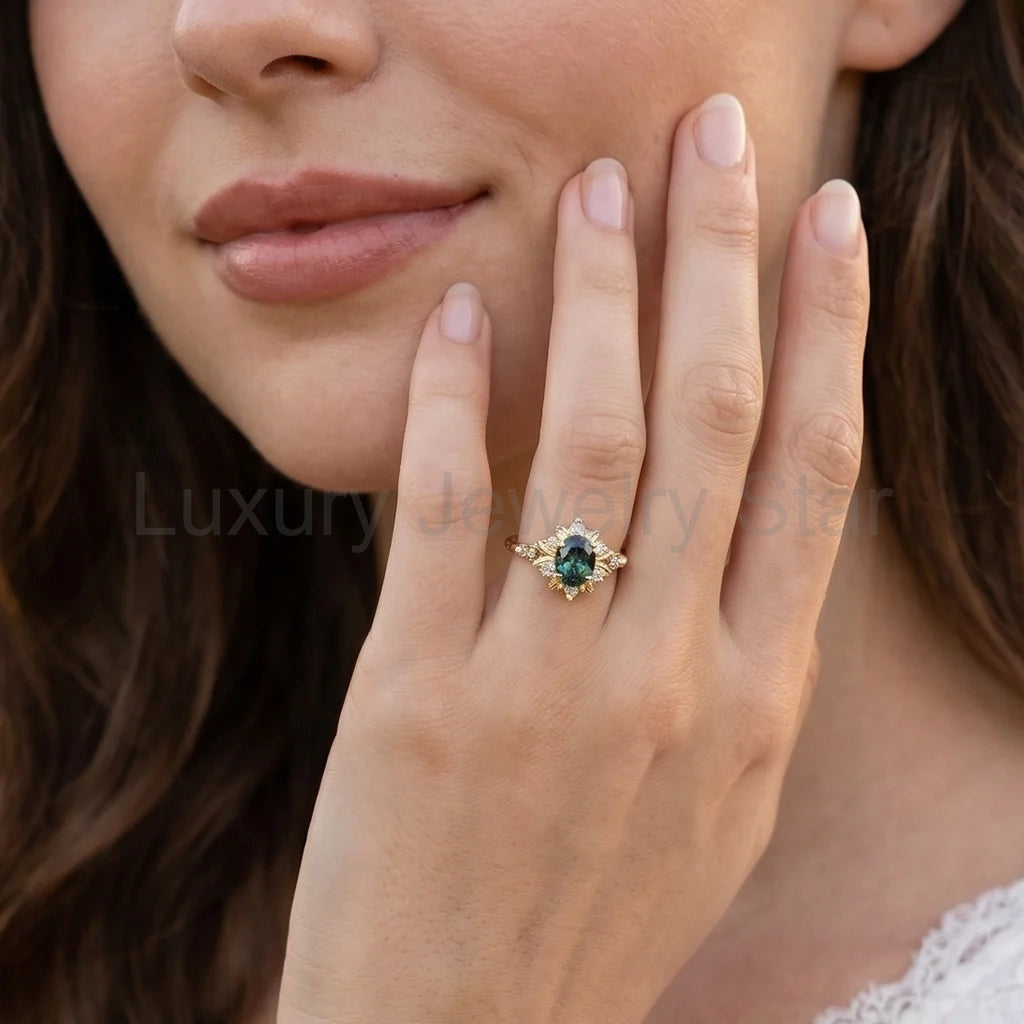 Rosalind‘s Bloom | Oval Cut Green Moissanite Halo Engagement Ring - image 2