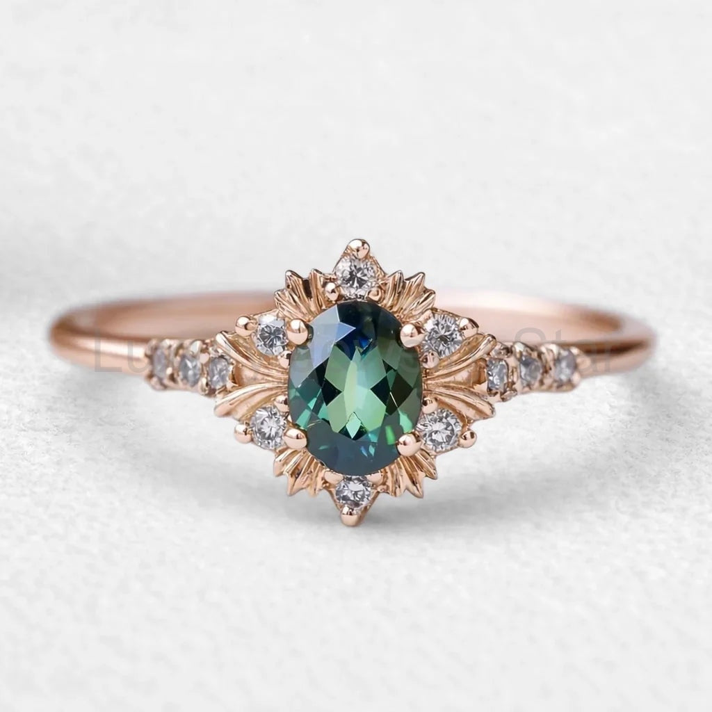 Rosalind‘s Bloom | Oval Cut Green Moissanite Halo Engagement Ring - image 4