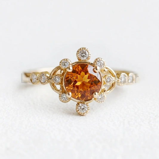 Aurora’s Ember | Round Citrine Vintage Halo Engagement Ring