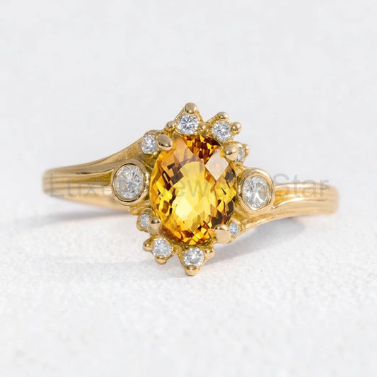 Aurora’s Radiance | Classic Oval Cut Yellow Sapphire Halo Engagement Ring
