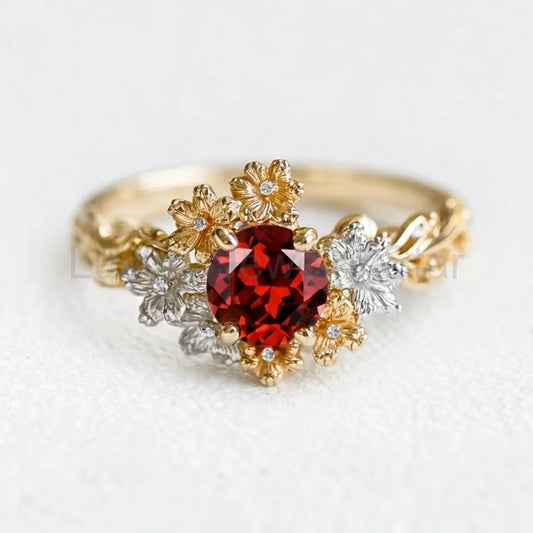 Isadora’s Crimson | Round Garnet Solitaire Petal Engagement Ring