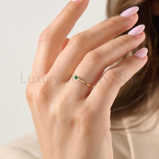 Women’s 14k Gold Minimalist Emerald Solitaire | Twisted Band Tiny Green Gem | Dainty Promise