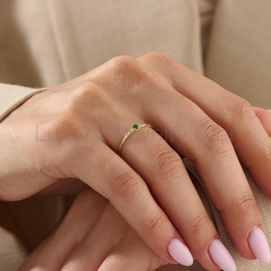 Women’s 14k Gold Minimalist Emerald Solitaire | Twisted Band Tiny Green Gem | Dainty - image 2