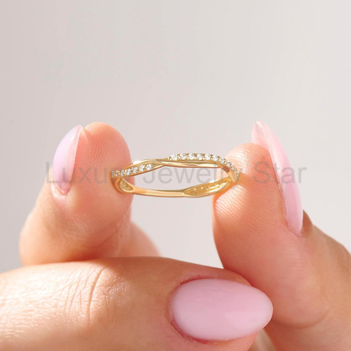 Solid Gold Twisted Diamond Wedding Band | Pave Half Eternity Bridal Ring for Women | Timeless Bridal