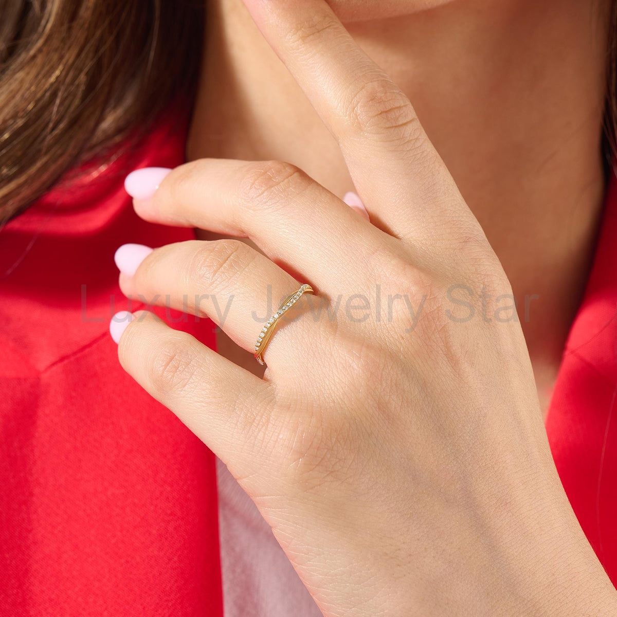 Solid Gold Twisted Diamond Wedding Band | Pave Half Eternity Bridal Ring for Women - image 2