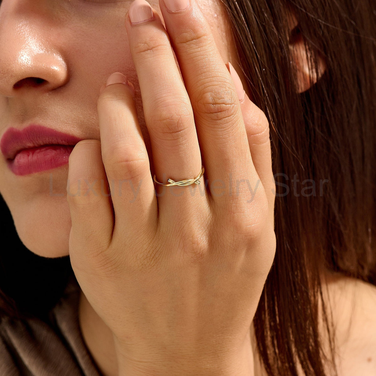 14k Solid Gold Diamond Knot Ring for Women | Tiny Diamond Love Knot Band | Infinity - image 6