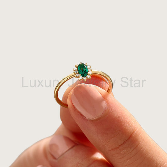 Minimalist Emerald Promise Ring – 14k Solid Gold | Dainty Flower Halo Solitaire | May Birthstone