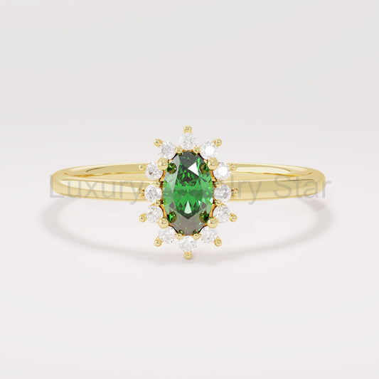 Minimalist Emerald Promise Ring – 14k Solid Gold | Dainty Flower Halo Solitaire | May - image 2