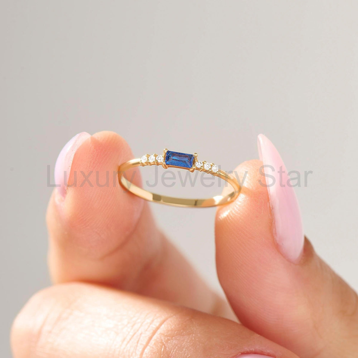 Dainty Blue Baguette Sapphire Ring – 14k Solid Gold | Minimalist Engagement Piece | September