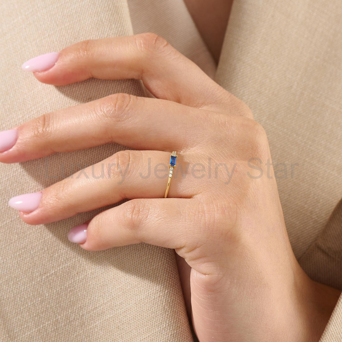 Dainty Blue Baguette Sapphire Ring – 14k Solid Gold | Minimalist Engagement Piece - image 2