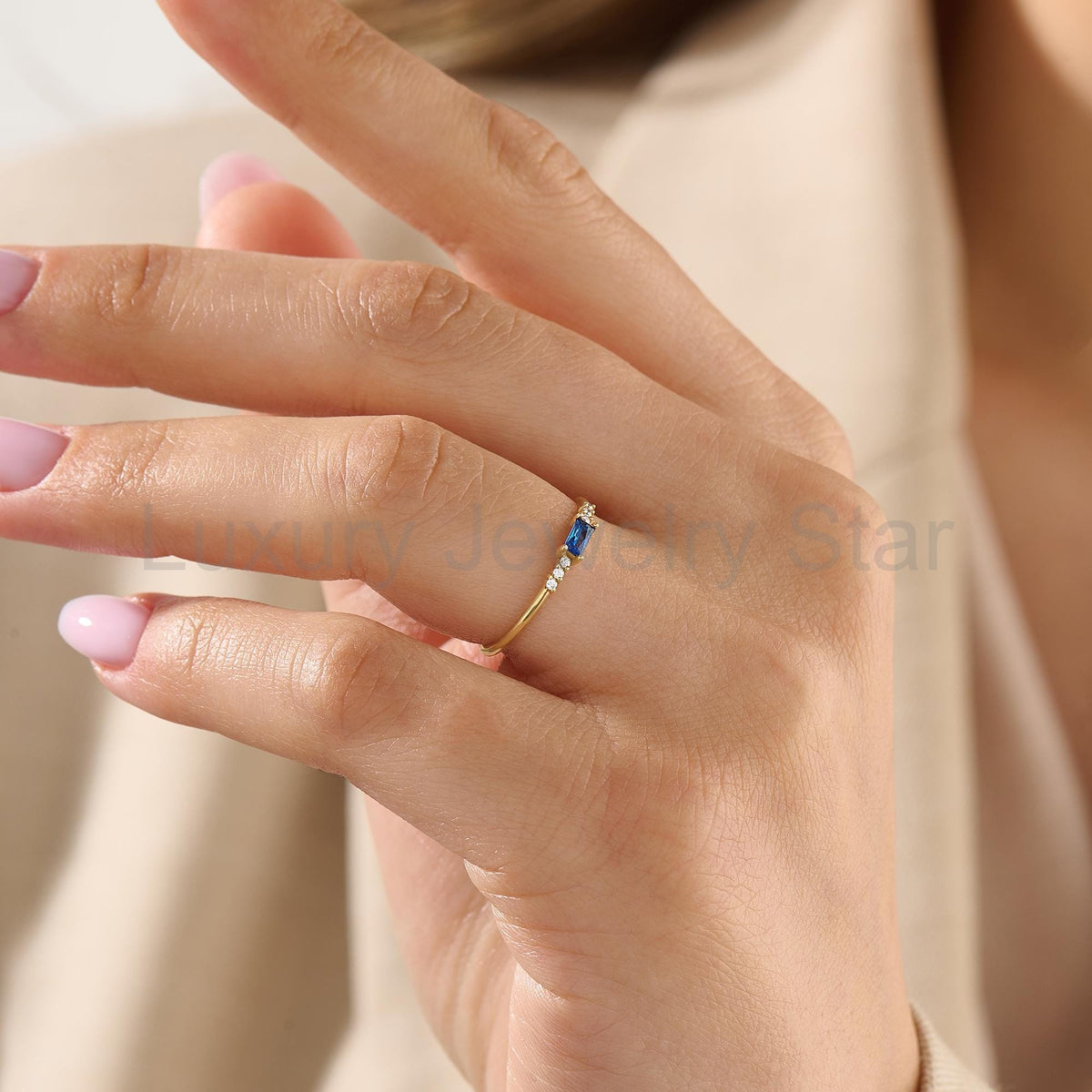 Dainty Blue Baguette Sapphire Ring – 14k Solid Gold | Minimalist Engagement Piece - image 3