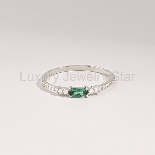 Minimalist Baguette Emerald Ring – 14k Solid Gold with Pavé Diamonds | May Birthstone Gift for Her’s