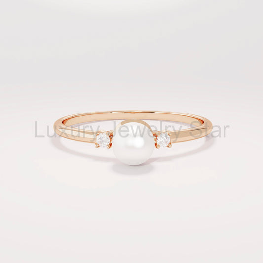 Dainty Freshwater Pearl Engagement Ring – 14k Solid Gold | Tiny Diamond Accent | Handmade Minimal