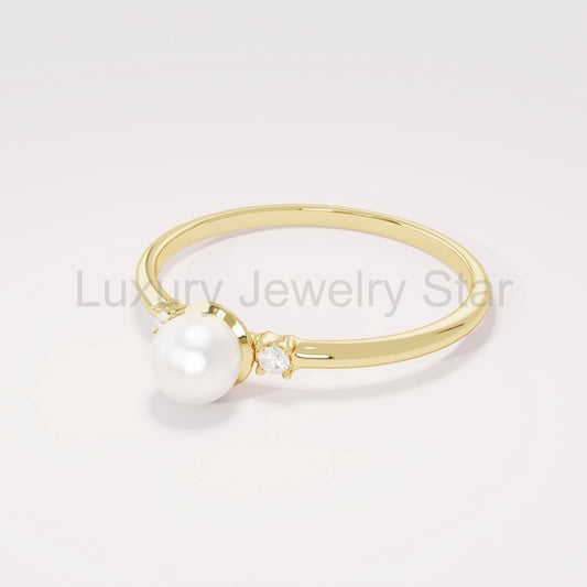 Dainty Freshwater Pearl Engagement Ring – 14k Solid Gold | Tiny Diamond Accent | Handmade - image 2