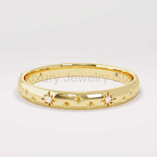14k Solid Gold Diamond Star Pave Band | Minimalist Celestial Wedding Band | Womens - image 2