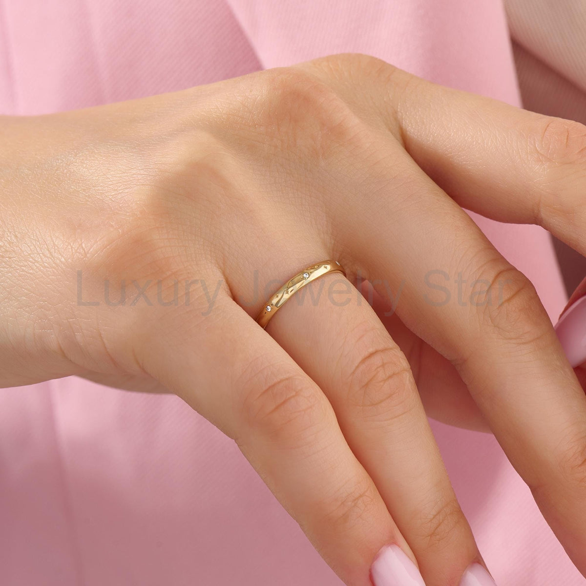 14k Solid Gold Diamond Star Pave Band | Minimalist Celestial Wedding Band | Womens - image 3