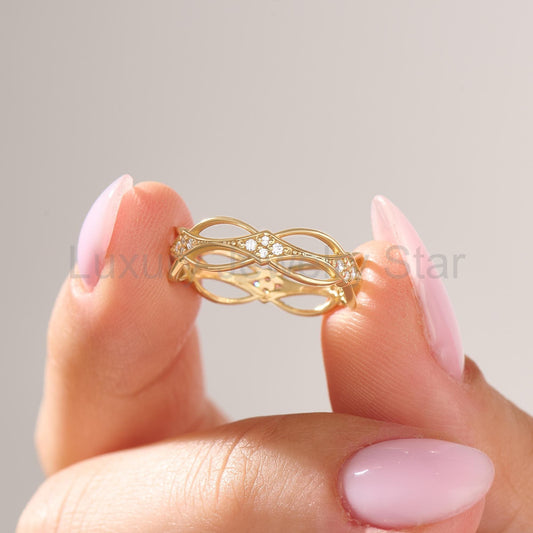 14k Gold Dainty Celtic Ring | Diamond Irish Knot Wedding Band | Vintage Viking-Inspired Stackable