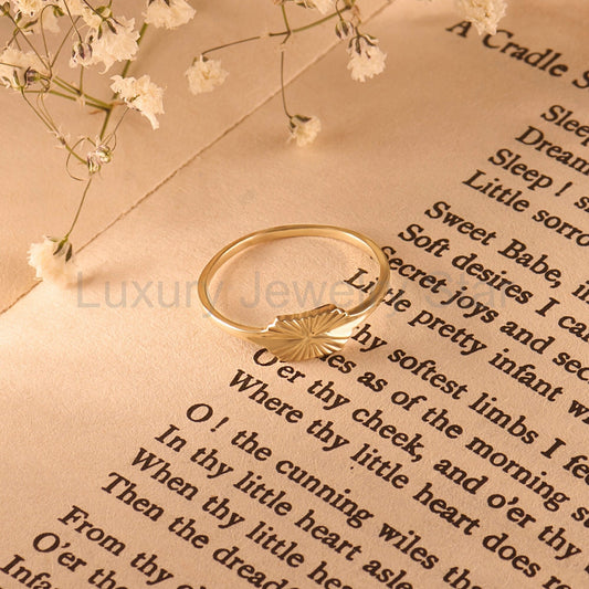 Sun Engraved 14k Real Gold Signet Ring – Dainty Slim Pinky Band | Celestial Stacking Jewelry Gift