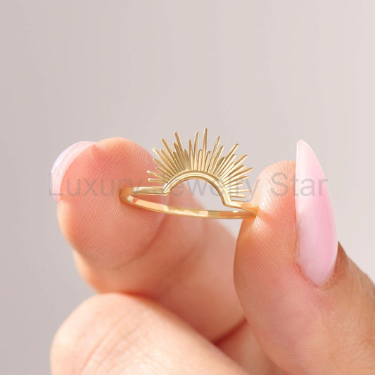 14k Gold Minimalist Nesting Band | Sunshine Curved Contour Ring | Engagement Solitaire - image 2
