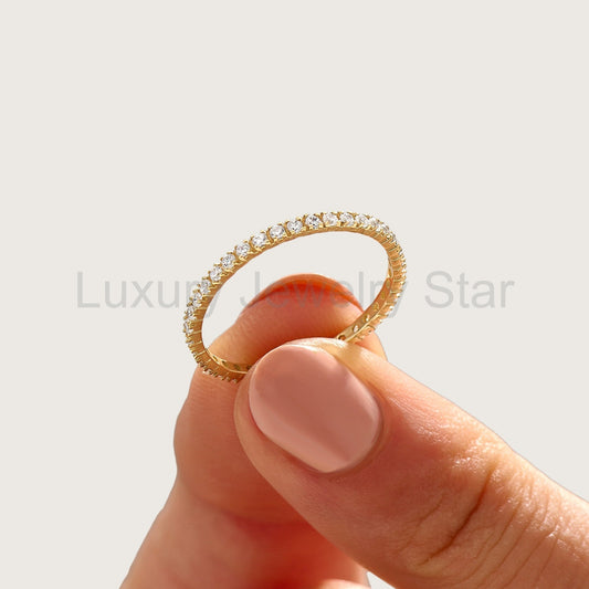 14k Solid Gold Diamond Eternity Band | Skinny Pave Wedding Ring | Dainty Stacking Bridal Jewelry
