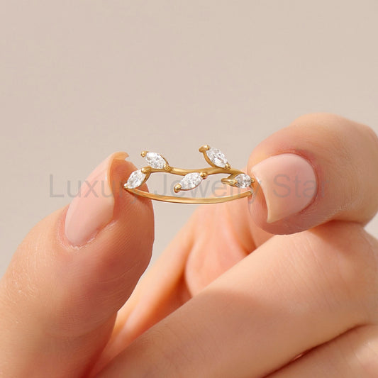 Marquise Diamond Leaf Ring – 14k Solid Gold Vine Floral Band | Nature-Inspired Stackable Wedding