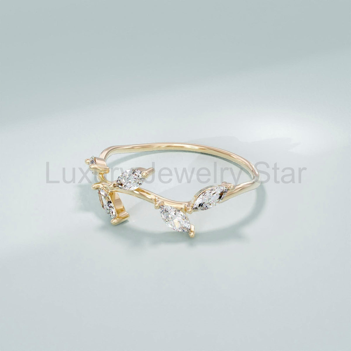 Marquise Diamond Leaf Ring – 14k Solid Gold Vine Floral Band | Nature-Inspired Stackable - image 2