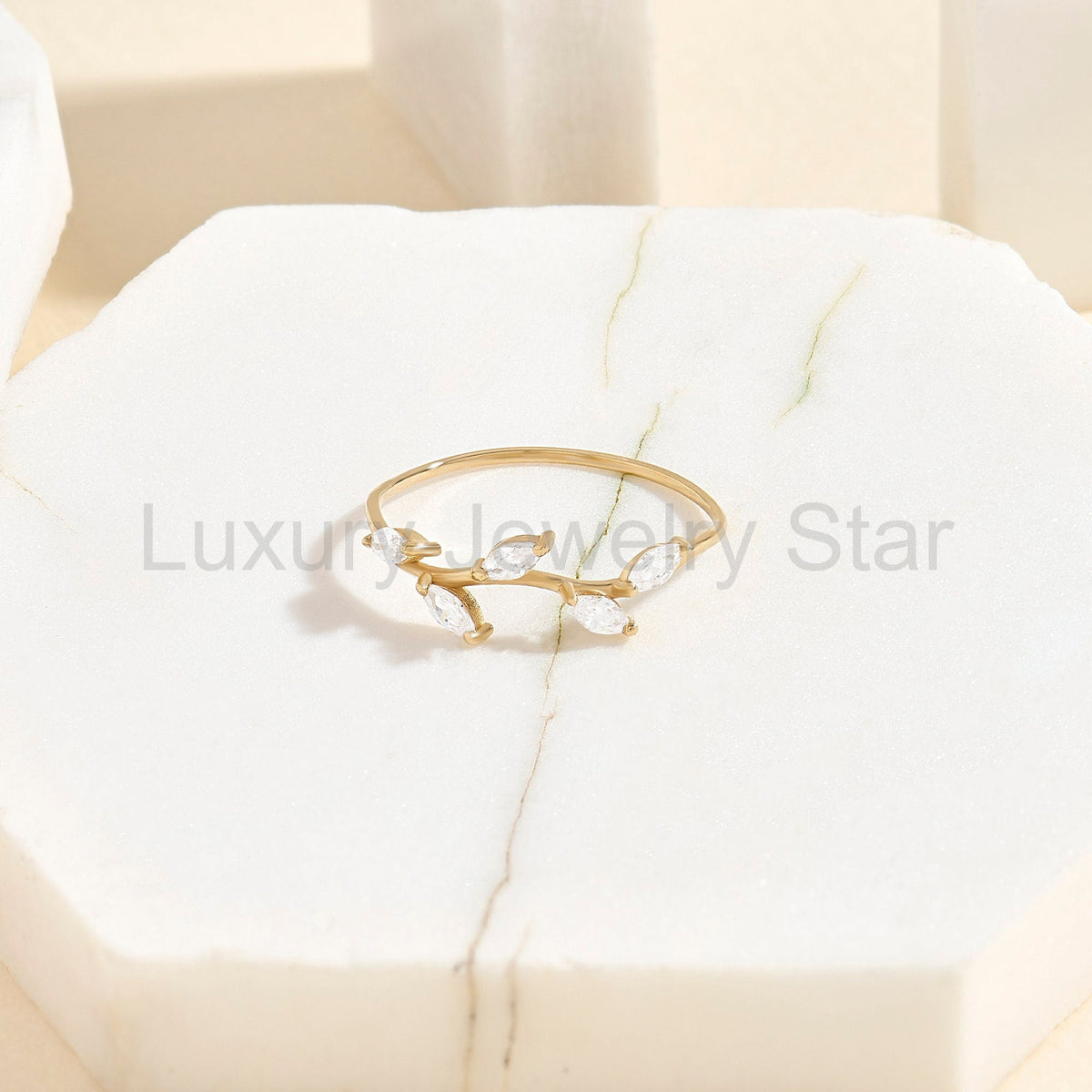 Marquise Diamond Leaf Ring – 14k Solid Gold Vine Floral Band | Nature-Inspired Stackable - image 6
