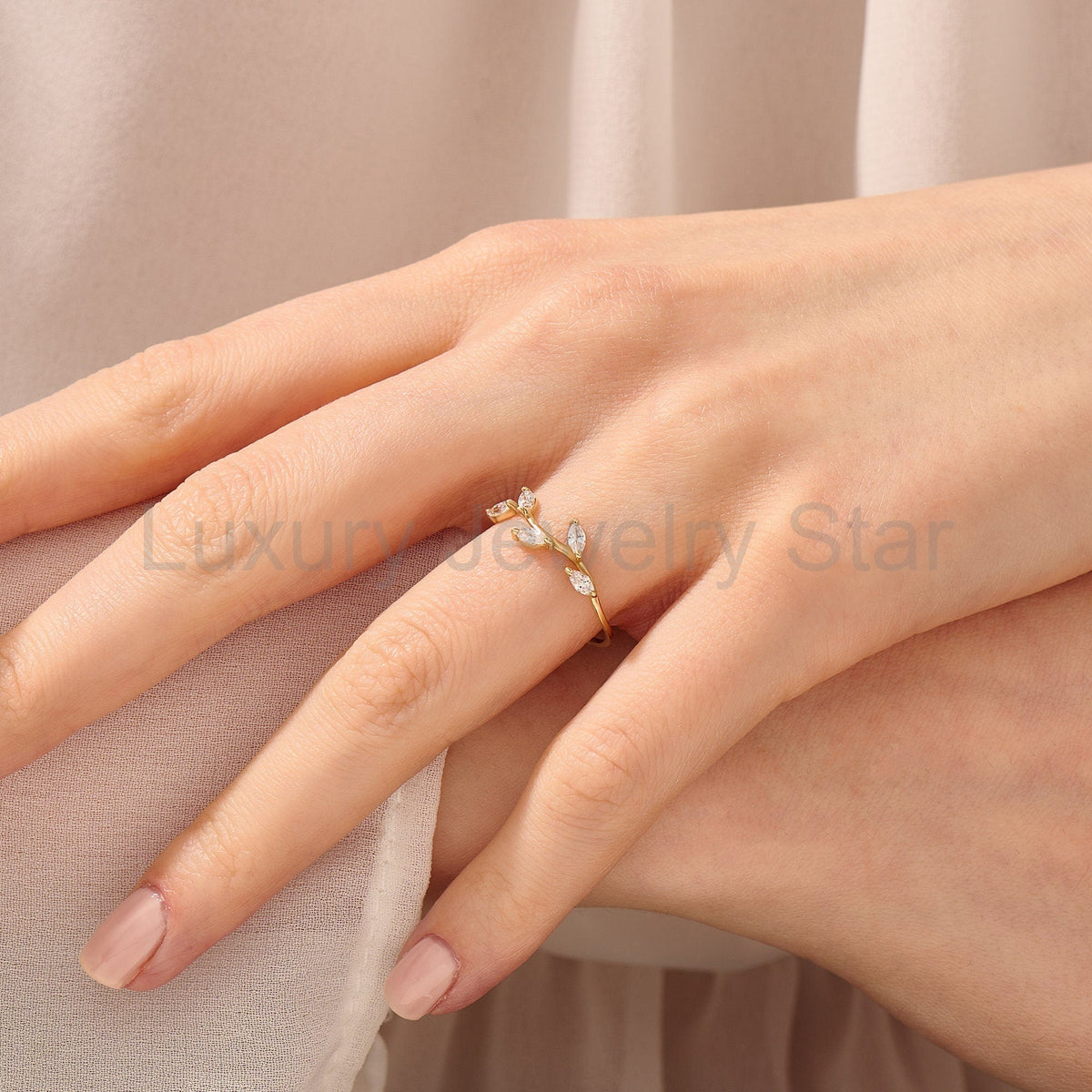 Marquise Diamond Leaf Ring – 14k Solid Gold Vine Floral Band | Nature-Inspired Stackable - image 7