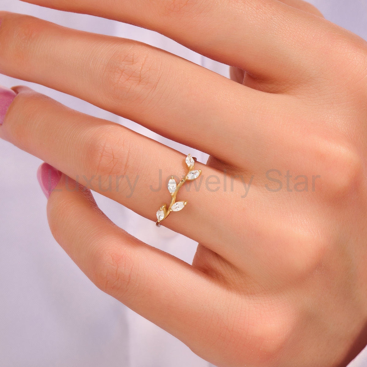 Marquise Diamond Leaf Ring – 14k Solid Gold Vine Floral Band | Nature-Inspired Stackable - image 8