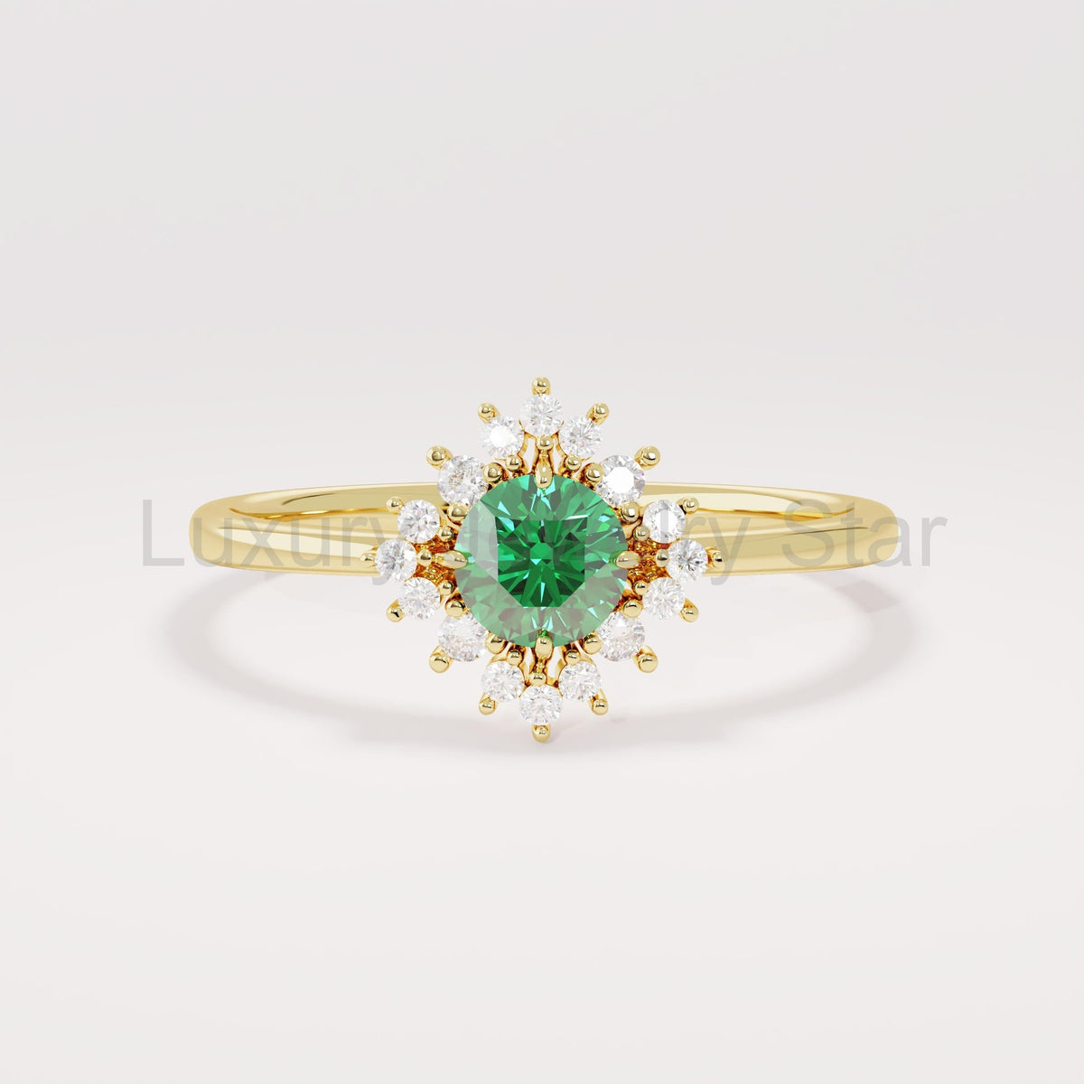 14k Solid Gold Emerald Diamond Halo Ring | Dainty Green Flower Solitaire Ring | Tiny Promise Ring