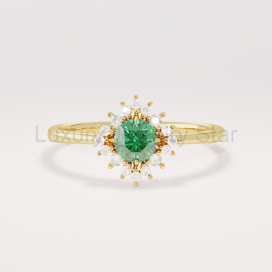14k Solid Gold Emerald Diamond Halo Ring | Dainty Green Flower Solitaire Ring | Tiny Promise Ring