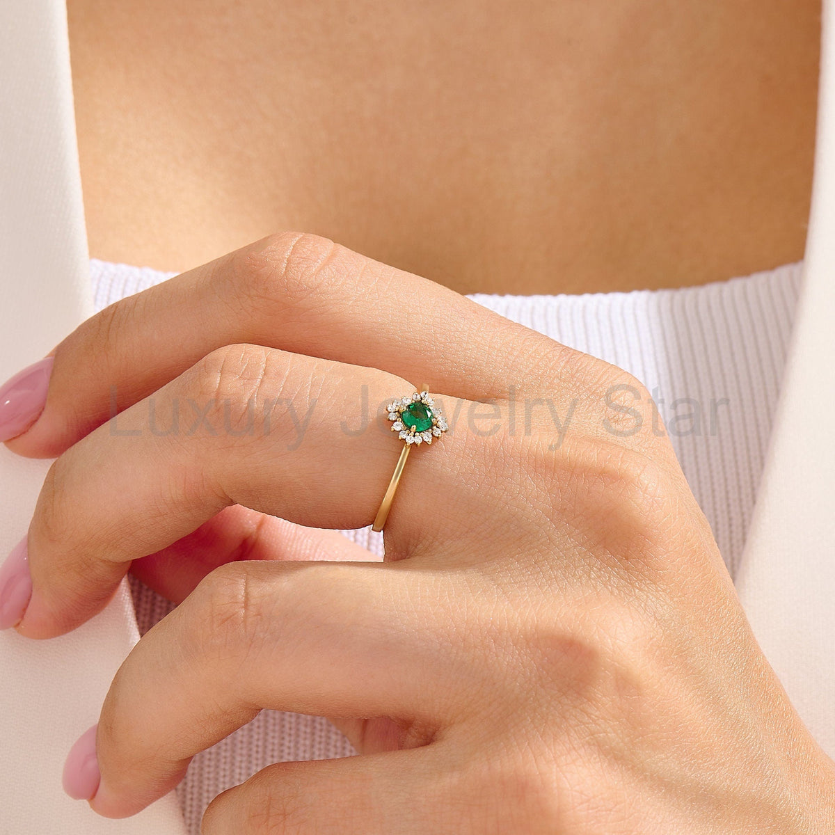 14k Solid Gold Emerald Diamond Halo Ring | Dainty Green Flower Solitaire Ring | Tiny - image 2