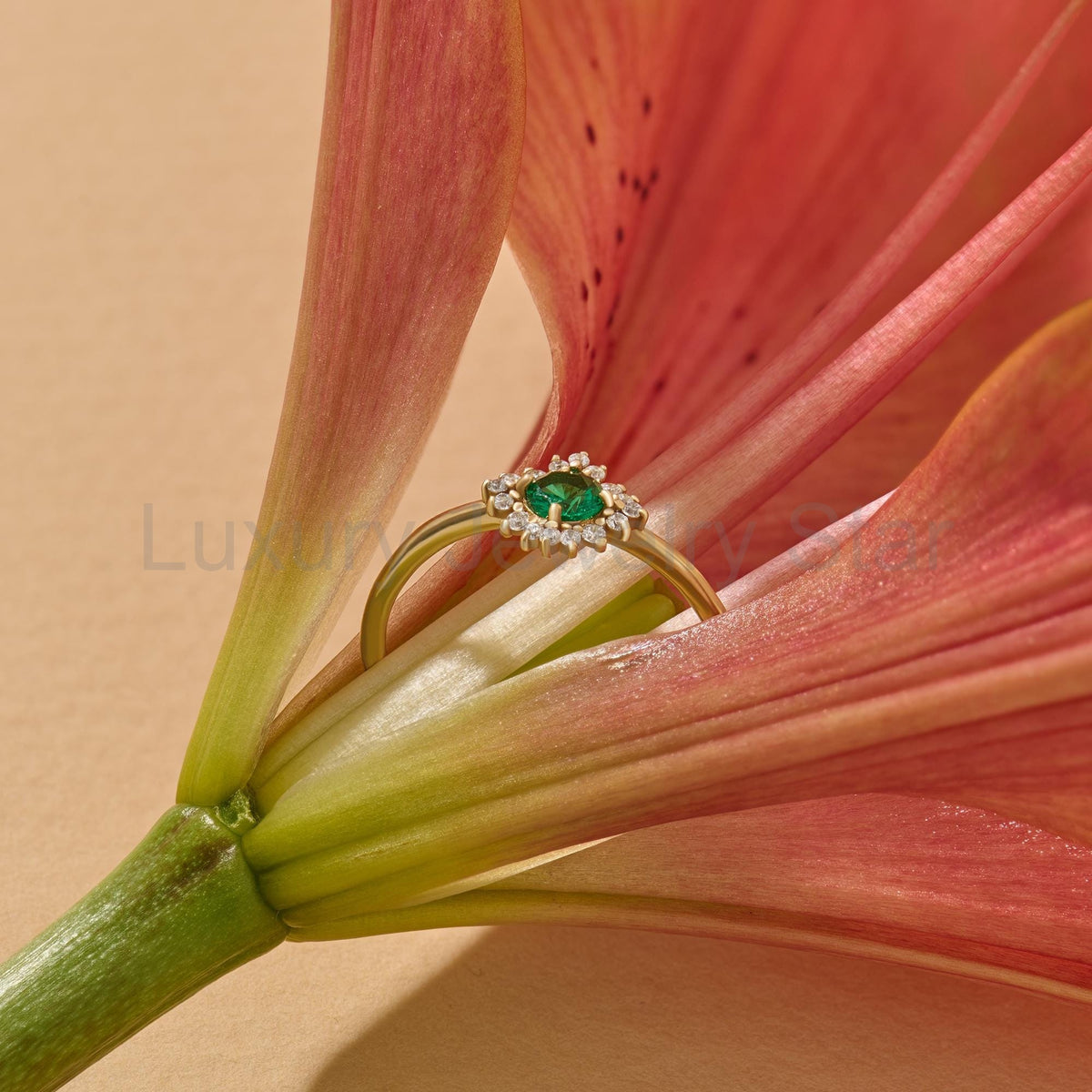 14k Solid Gold Emerald Diamond Halo Ring | Dainty Green Flower Solitaire Ring | Tiny - image 3