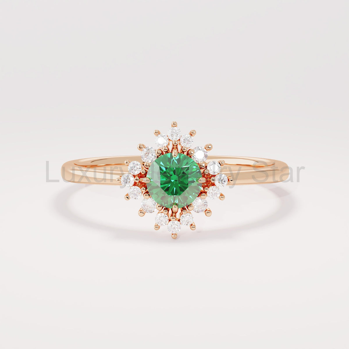 14k Solid Gold Emerald Diamond Halo Ring | Dainty Green Flower Solitaire Ring | Tiny - image 4