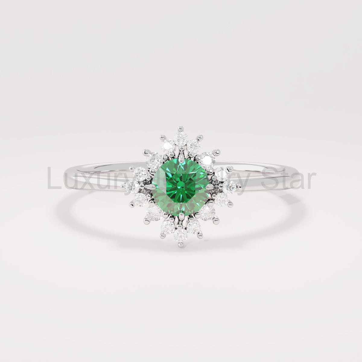 14k Solid Gold Emerald Diamond Halo Ring | Dainty Green Flower Solitaire Ring | Tiny - image 5